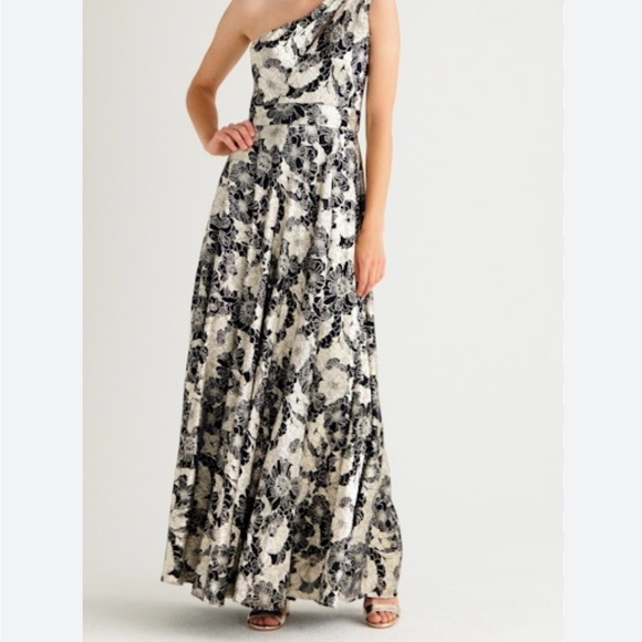 Betsy & Adam Navy and Gold Floral One-Shoulder Long Dress Gown Size 14 NWT - Picture 10 of 11
